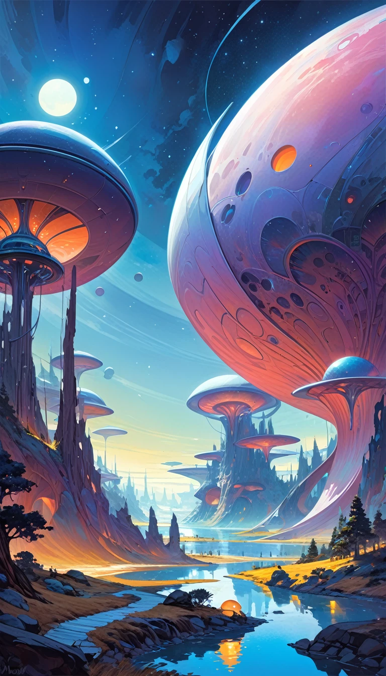 great futuristic landscape:1.5, night (inspired by art by Moebius). oil painting)