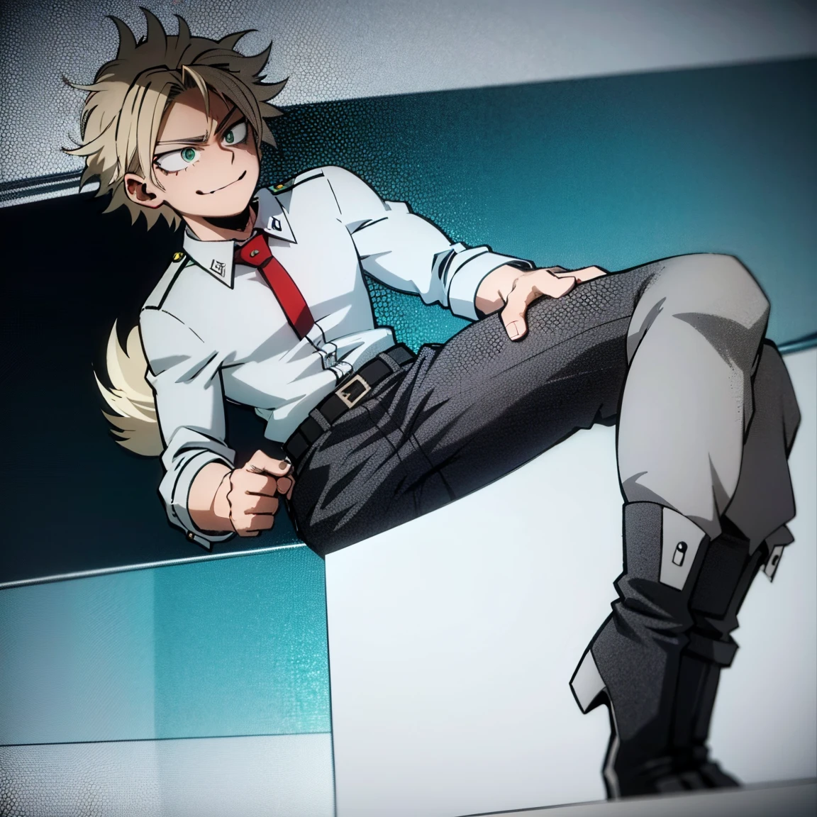 1boy, male focus, boku no hero academia, masterpiece, best quality, very aesthetic, absurdres, short spiky hair, blonde hair, green eyes, smirk, gray jacket, red tie, white shirt, teal pants, boots