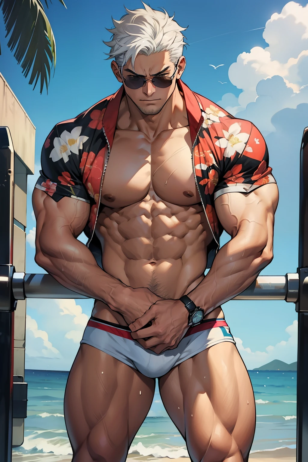 (1 boy,Be a man),Muscular anime guy in the gym, facial expression like masturbation, 1boy, bikini, Tight muscles, Broad shoulders, Handsome and old, Tiny underwear, Sexy, sex, Guy, Gay, Sea, jacket, sunglasses, boy, floral bikini, bright white hair, tight leg muscles, big Cook,