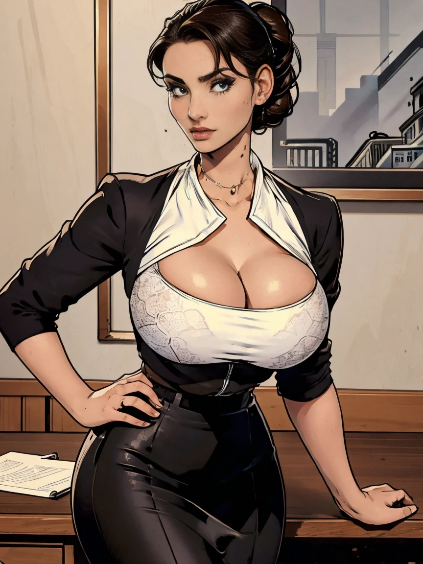Gorgeous and sultry busty athletic (thin) brunette secretary with sharp facial features wearing business attire, white blouse, black pencil skirt, visible bra, black lace, updo, office. cleavage