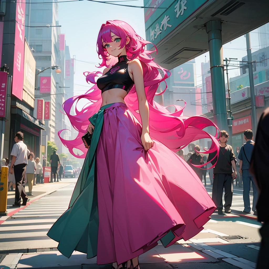 1female, adult, sexy, finely detailed aqua eyes, curly long hair, two tone hair color, magenta hair color, pink hair color, oversized crop top, long skirt, standing on building, day time, tokyo streets, calm expression, smile, flowers