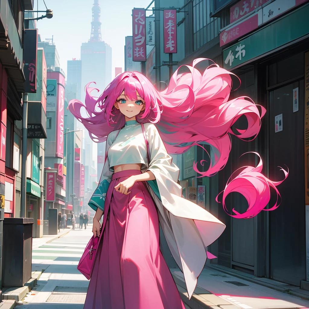 1female, adult, sexy, finely detailed aqua eyes, curly long hair, two tone hair color, magenta hair color, pink hair color, oversized crop top, long skirt, standing on building, day time, tokyo streets, calm expression, smile, flowers