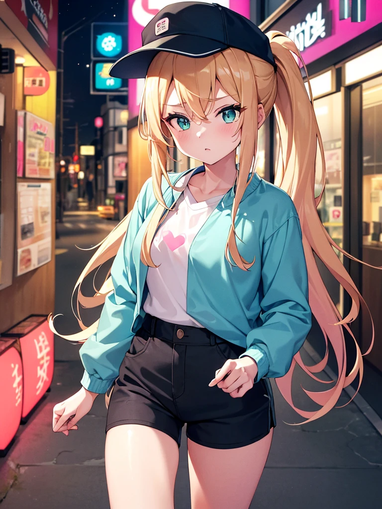 1girl, long blonde hair in a ponytail, green eyes, wearing a simple white shirt with an imprint, a pink and blue rainjacket, dark blue Shorts, slight makeup, black cap, walking through tokyo, absurdres, high res, ultrasharp, 8k, masterpiece, looking at store windows, starry night sky, neon city lights