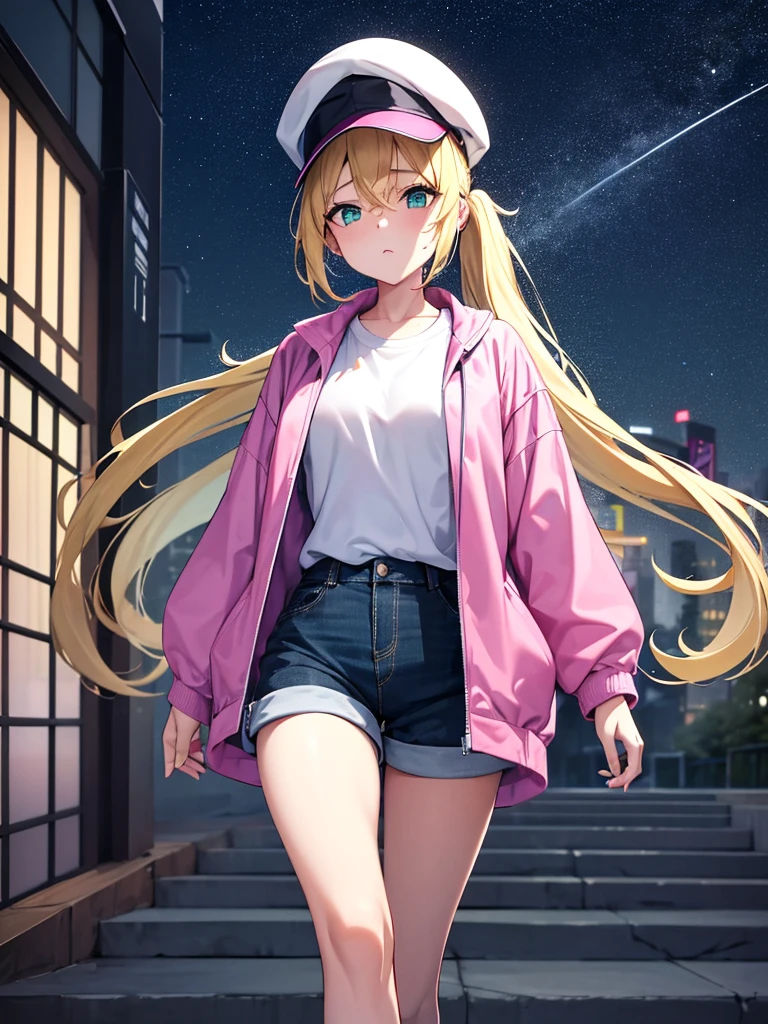 1girl, long blonde hair in a ponytail, green eyes, wearing a simple white shirt with an imprint, a pink and blue rainjacket, dark blue Shorts, slight makeup, black cap, walking through tokyo, absurdres, high res, ultrasharp, 8k, masterpiece, looking at store windows, starry night sky, neon city lights
