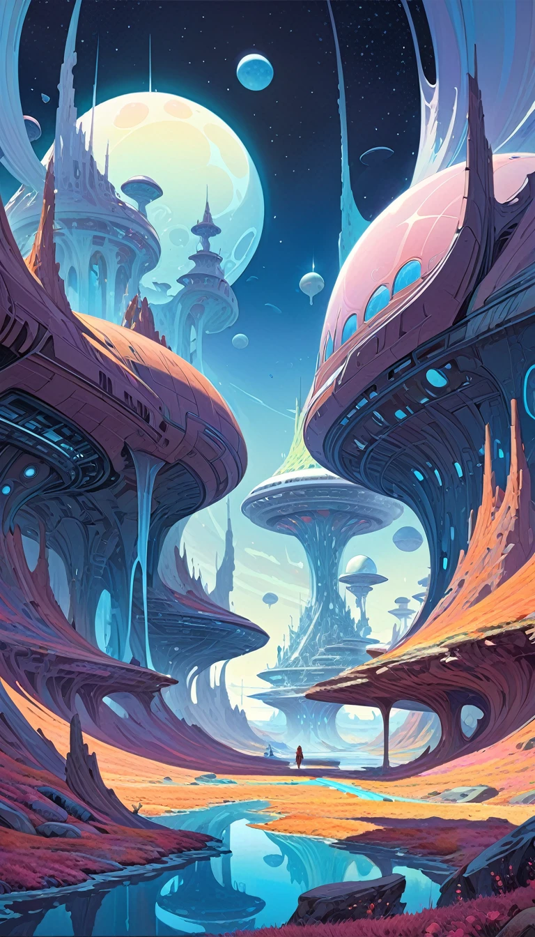 great futuristic landscape:1.5, night (inspired by art by Moebius). oil painting)