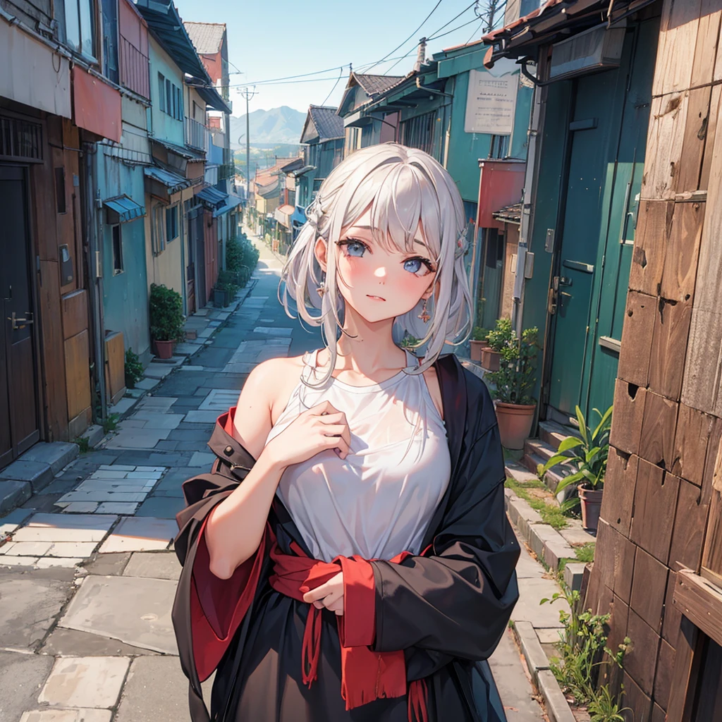 (paisaje urbano:1.2), NSFW, (Rostro de amor, I'Estoy tan feliz:1.5), (mecha musume, chica cyborg), adolescente, Elegant angle, Pose elegante, (auricular, mechanical fuselage, Mechanical clothing), mirando al espectador, flequillo cortado, minifalda azul, plastic corset, Hermoso efecto de luz, piel brillante, (furisodio, mangas largas removibles, manga muy ancha:1.2), (caution decal, logotipo corporativo:1.5), (small open mouth:0.8), pechos grandes, Caderas anchas