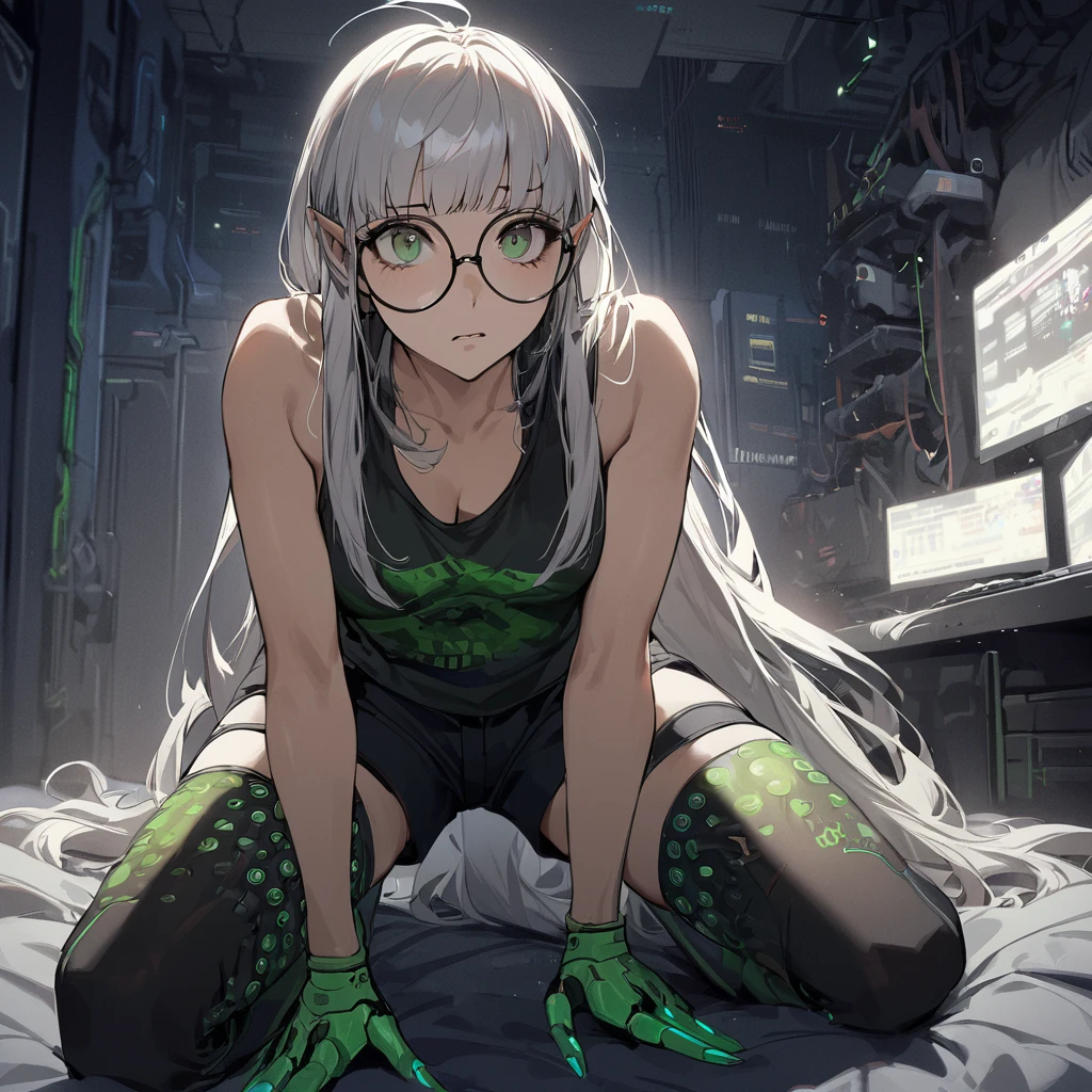 ((best quality)), ((masterpiece)), (detailed), 1girl, anime girl, smalll bed room background, sitting on knees, white hair, elf, blue, punk, tech, jelly fish hair cut, dagger, tired, shaggy long hair, round glasses, messy, tank top and shorts, looking up, computers, thigh highs, green eyes,, cyberpunk