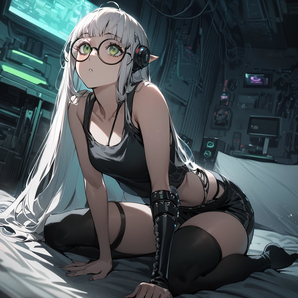 ((best quality)), ((masterpiece)), (detailed), 1girl, anime girl, smalll bed room background, sitting on knees, white hair, elf, blue, punk, tech, jelly fish hair cut, dagger, tired, shaggy long hair, round glasses, messy, tank top and shorts, looking up, computers, thigh highs, green eyes,, cyberpunk