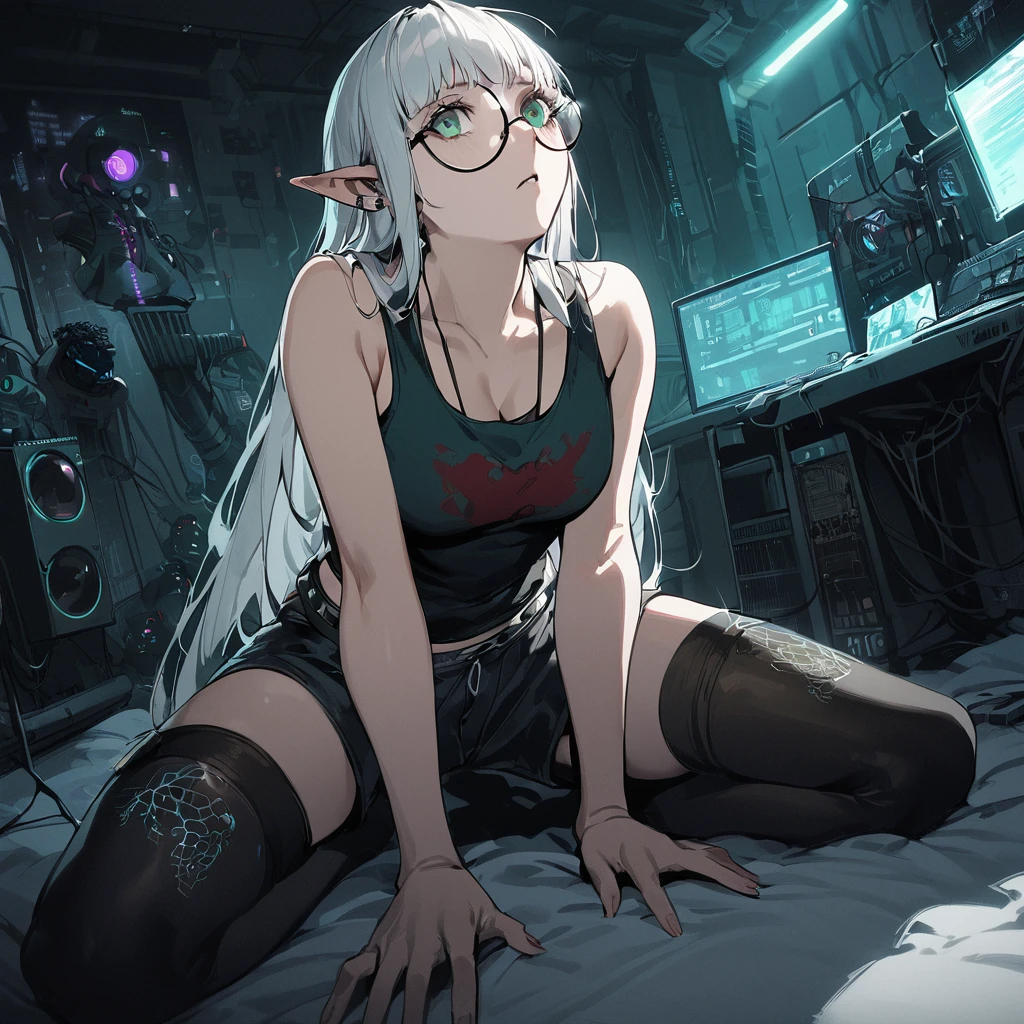 ((best quality)), ((masterpiece)), (detailed), 1girl, anime girl, smalll bed room background, sitting on knees, white hair, elf, blue, punk, tech, jelly fish hair cut, dagger, tired, shaggy long hair, round glasses, messy, tank top and shorts, looking up, computers, thigh highs, green eyes,, cyberpunk