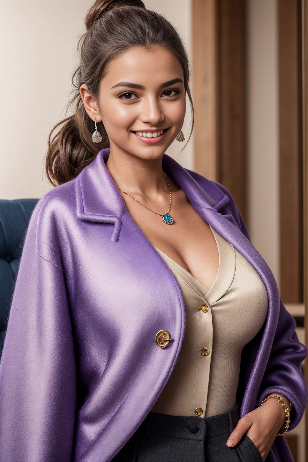 Half-length glamour portrait, nikon D850, f1.6 lens, 200mm, DSLR, 22 Megapixels, (((Stylish lounge area scene))), shot of a stunning 20 years old portuguese girl, (smile:1.4), (wearing Wool coat with tailored trousers and lavender silk blouse:1.6), ((seductive pose)), hot girl, (((big natural breasts))), (((brown ponytail hair))), (small girl), symmetrical face, photorealistic, photography, (bright natural lighting), gorgeous, deep cleavage, (masterpiece), best quality, high resolution, extremely detailed, cinematic lighting, (((very narrow waist))), rich colors, hyper realistic, lifelike texture, ((jewelry)), (((She has beautiful hands and wears rings))), (bracelet), (necklace), (ankle chain), (nail polish) (earrings), Fuji Superia 200, 8k
