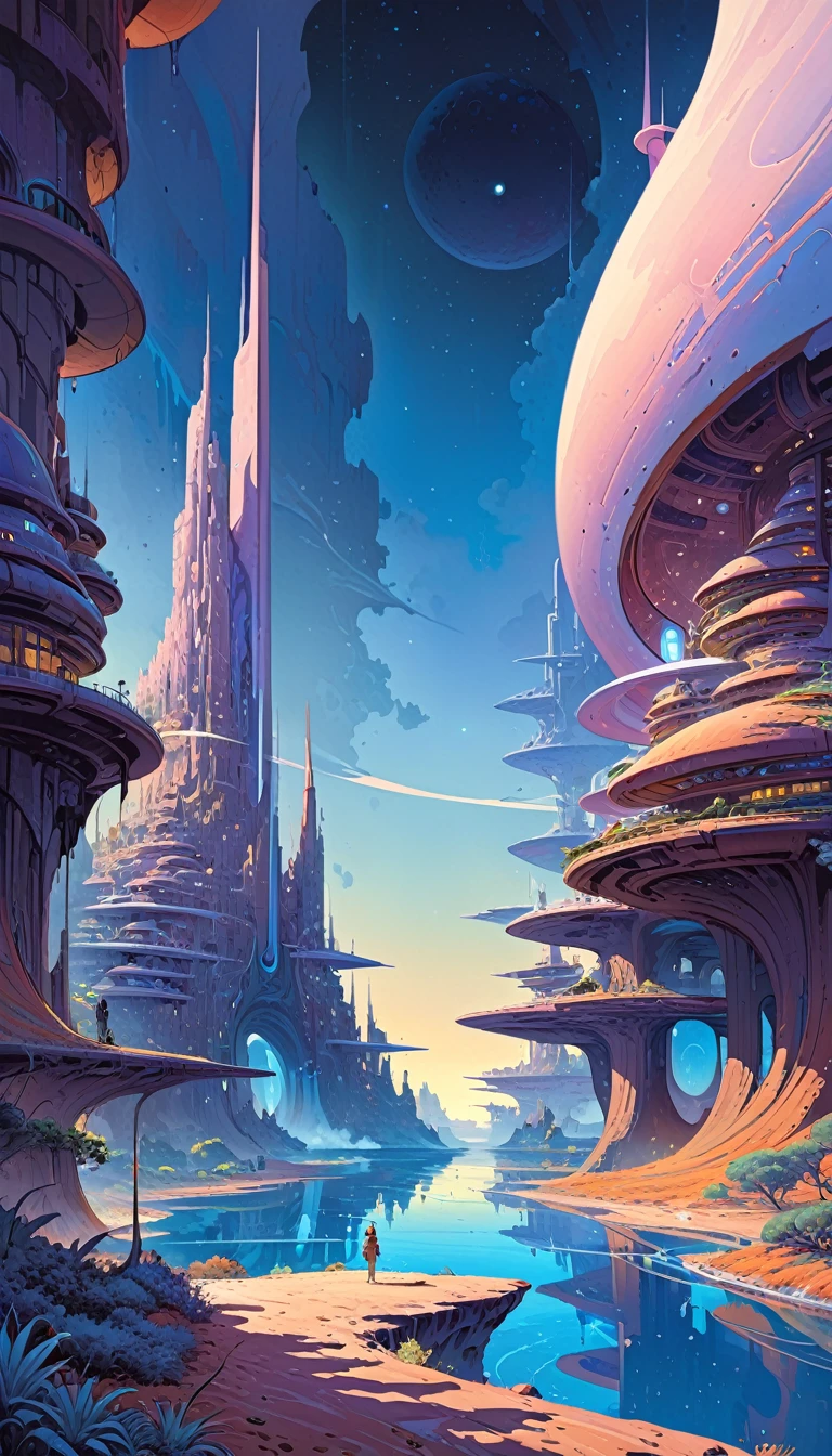 great futuristic landscape:1.5, night (inspired by art by Moebius). oil painting)
