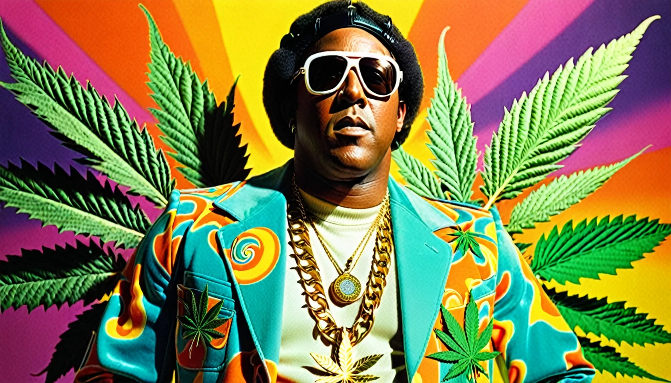 1970s photo of "Master P" wearing 1970s attire, psychedelic atmosphere, marijuana leaves,