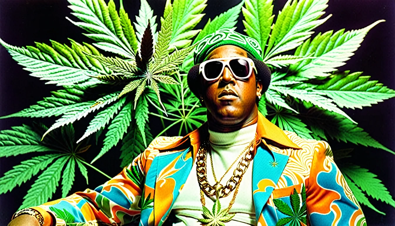 1970s photo of "Master P" wearing 1970s attire, psychedelic atmosphere, marijuana leaves,