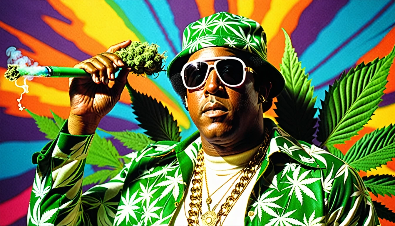 1970s photo of "Master P" wearing 1970s attire, psychedelic atmosphere, marijuana leaves,