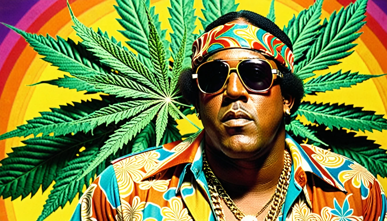 1970s photo of "Master P" wearing 1970s attire, psychedelic atmosphere, marijuana leaves,