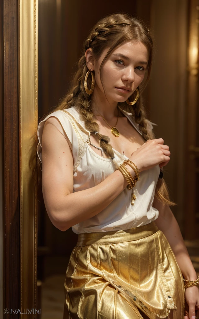 Flamme, (young Lena Headey:Evangeline Lilly), A 14-year-old woman with blond hair, intense blue eyes, sideburns, one large braid, a gold necklace with a ruby pendant, dressed in a white Greek tunic and Roman sandals, with gold bracelets on her arms, tabern lupanar the background, masterpiece, hyperdetailed,((1girl)) ,bangs,braided ponytail,single braid, blond hair,very long hair,sidelocks,red earrings,hair over one eye, a satire god pan behind her