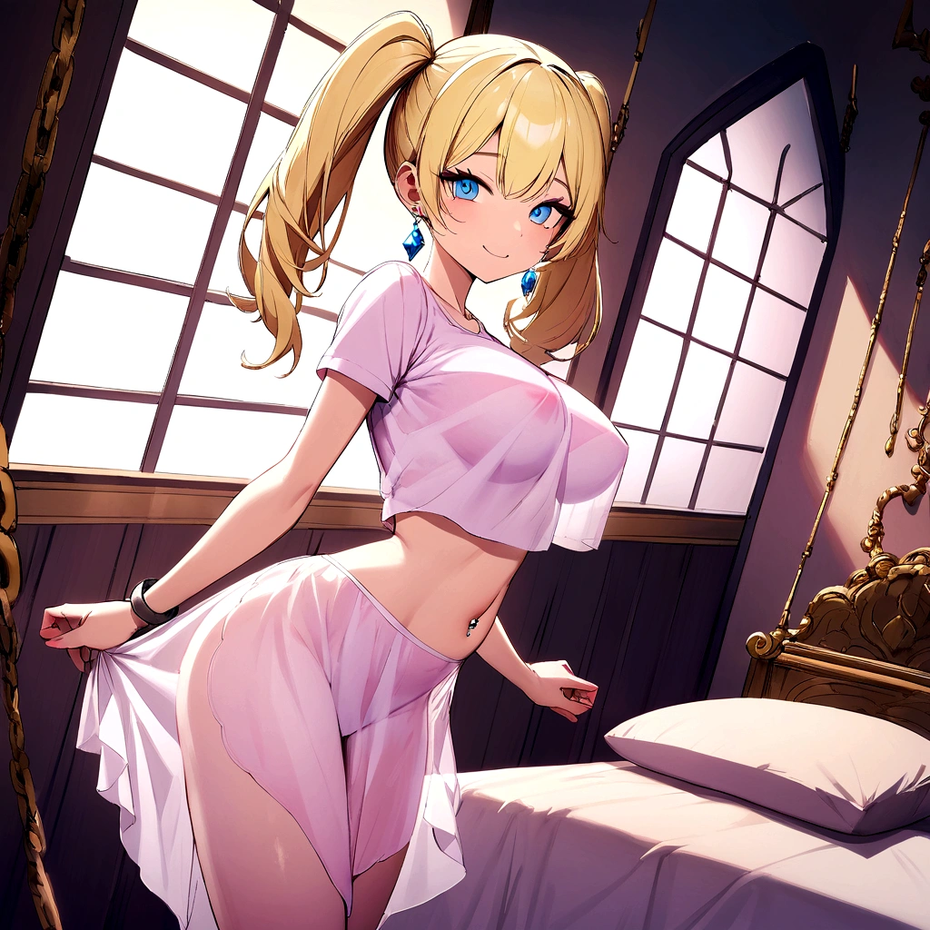 nude young girl with blue eyes, blonde hair and with very large breasts and a very thin waist in a pink see-through t-shirt, short pink wee-through skirt and twintails standing with a puffed up chest and arched back, smiling while looking at the viewer. She is standing in front of a bed covered in pillows in a palace bedroom. She wears a jewel navel piercing, and long golden chain earrings. Prison shackles is hanging from the wall.