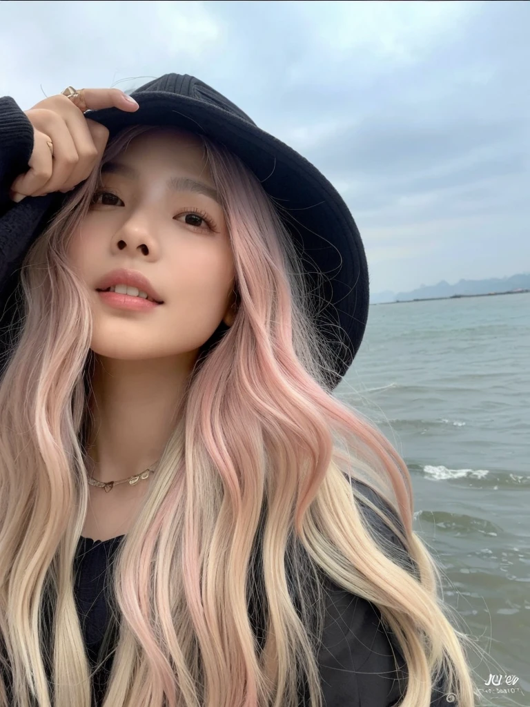 ((Obra de arte)), (melhor qualidade), (detalhado), (1 garota), cabelo rosa claro, olhos rosas claros brilhantes, Cabelo liso, vestindo um moletom preto moderno, korean girl, coreana, sardas, pintinhas, cabelo todo rosa, Jennie Kim