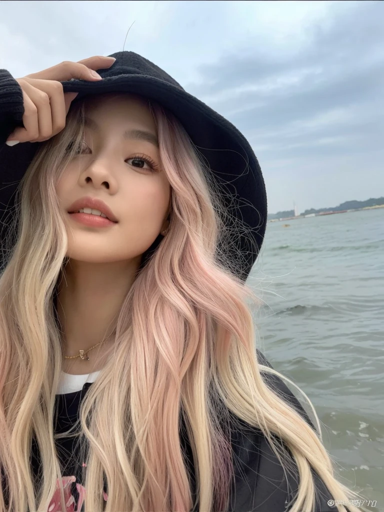 ((Obra de arte)), (melhor qualidade), (detalhado), (1 garota), cabelo rosa claro, olhos rosas claros brilhantes, Cabelo liso, vestindo um moletom preto moderno, korean girl, coreana, sardas, pintinhas, cabelo todo rosa, Jennie Kim