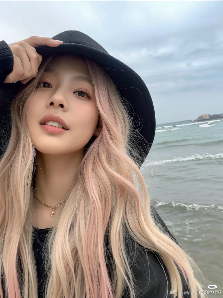 ((Obra de arte)), (melhor qualidade), (detalhado), (1 garota), cabelo rosa claro, olhos rosas claros brilhantes, Cabelo liso, vestindo um moletom preto moderno, korean girl, coreana, sardas, pintinhas, cabelo todo rosa, Jennie Kim