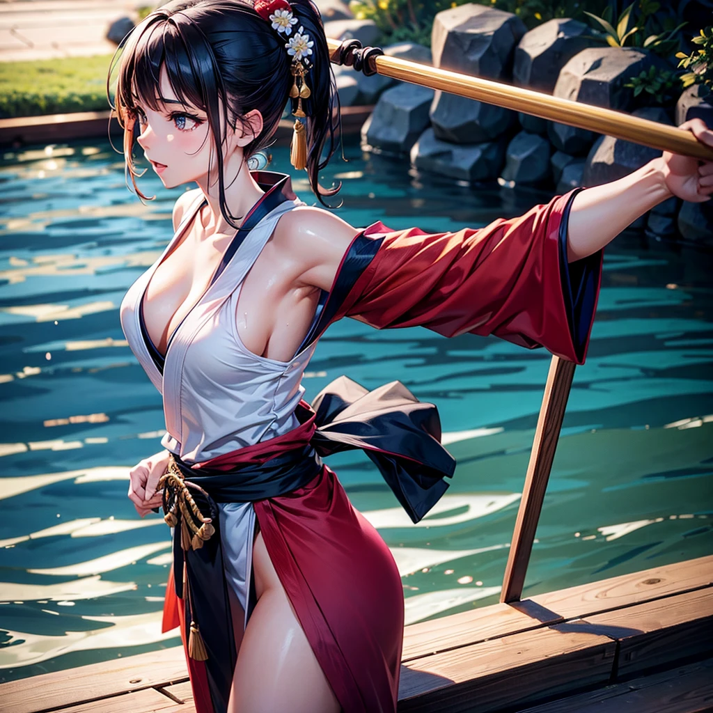 young woman, Medium breasts, Beautiful body, sexy, in a kimono, training, martial arts, photorealistic, Best quality, 8k quality