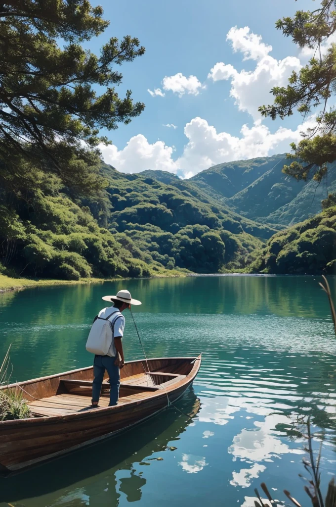 pescador em um barco no meio do lago com uma paisagem linda, pescando um ser humanoides branco do lago