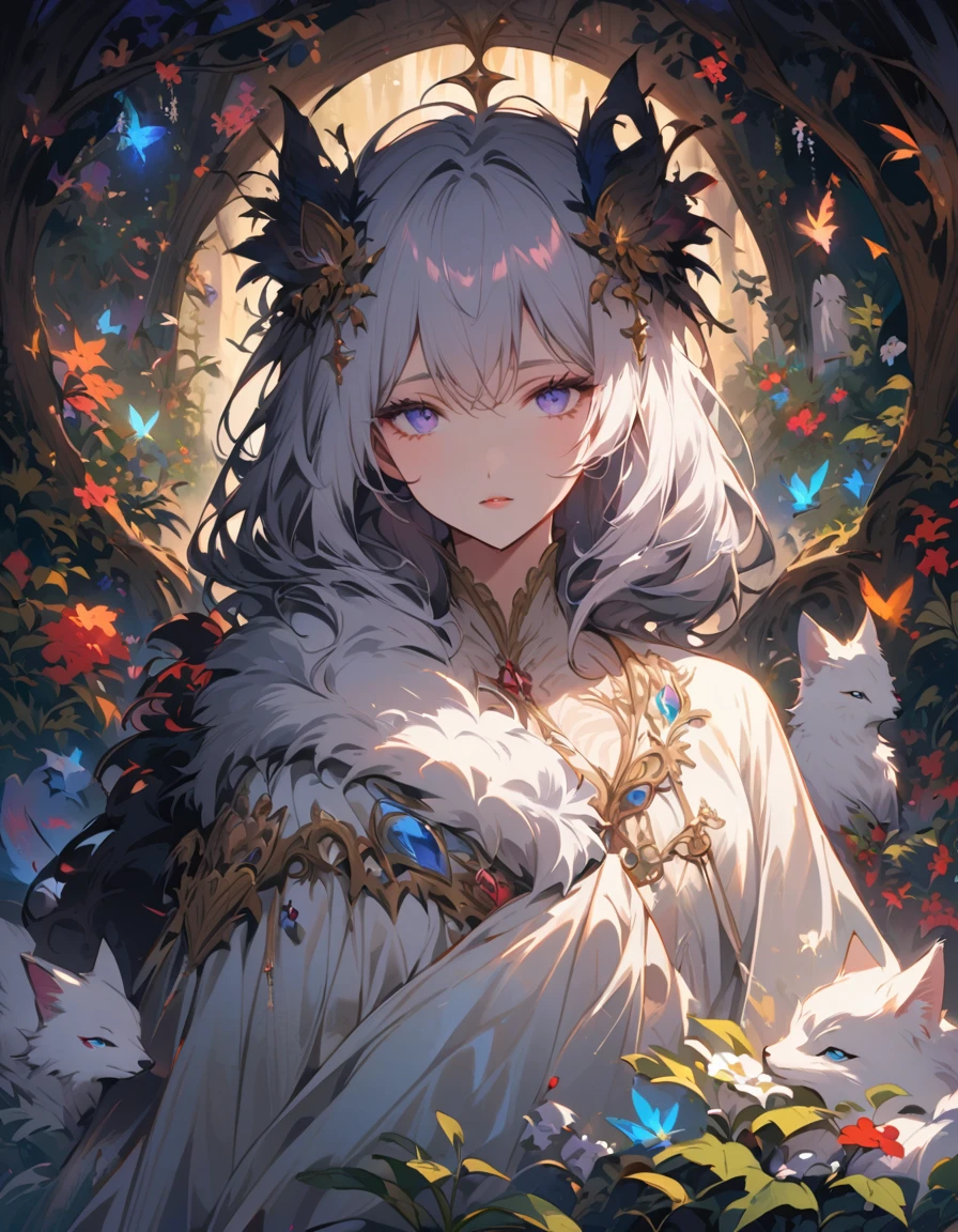 In the mysterious forest, Snow-white fox swims gracefully, his fur shimmers silvery white, and his eyes reveal wisdom and mystery. It is best to depict a side border, facing line of sight, and he loves the artistic style and infectious imagery.
