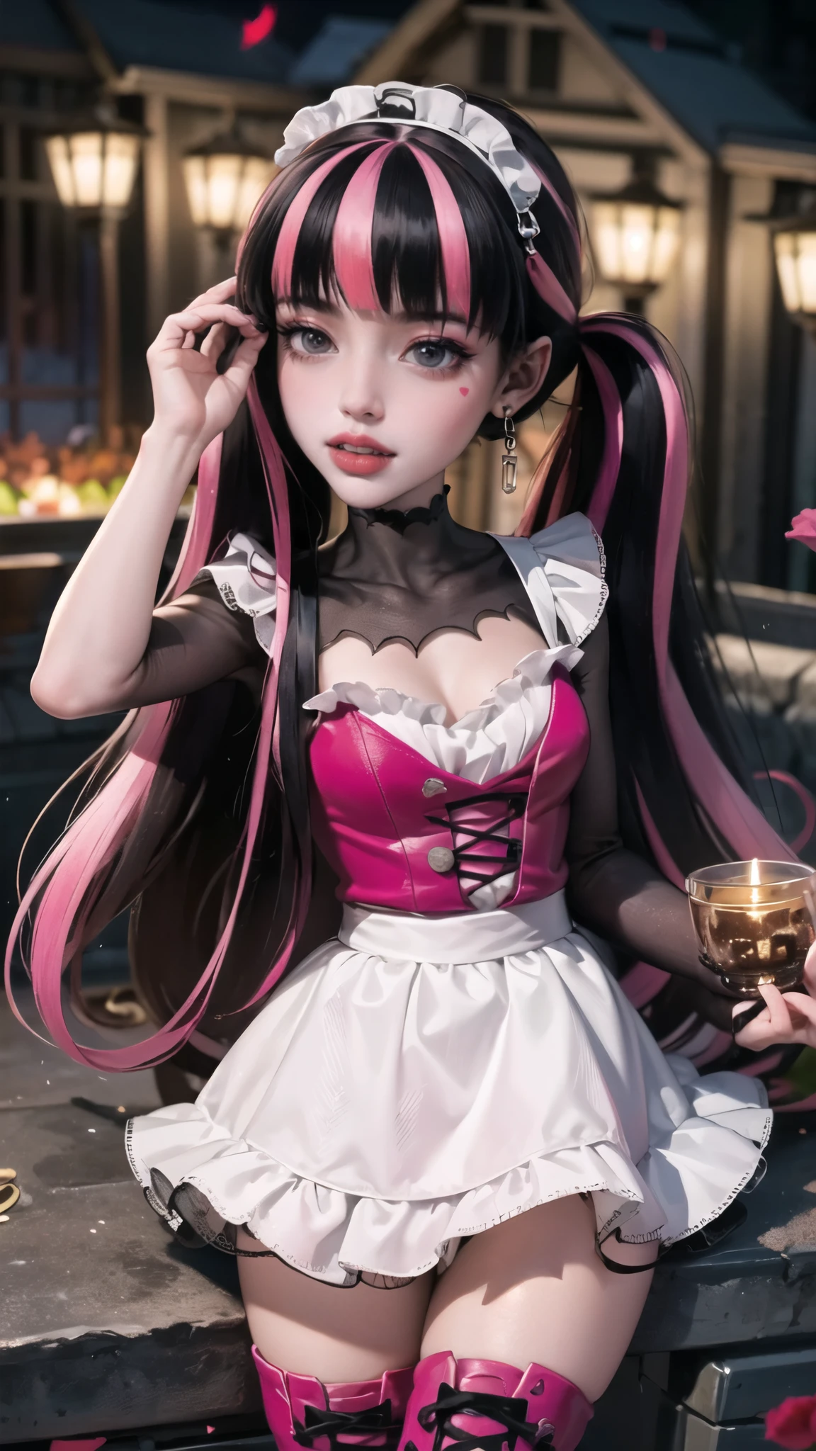 1girl, vampire girl, vampire fangs, succubus, centered, award winning upper body portrait, cowboy shot, (looking at viewer:1.2), Draculaura_MH, solo, black half hair, pink half hair, multicolored hair, long hair, white skirt, pink knee boots, smiling, garden scenery, japanese lanterns, dark red roses, depth of field, cinematic composition, ((high quality)), ((Work of art)), (more detail), half black hair, half soft pink hair, wave hair, pink heart in the eyes, smile, vampire fangs, maid dress, black maid headdress, black maid apron, bat wings, pink skirt, black dress with transparency, pink laces, black gloves, black high socks, high hills boots, bat jewelry, jewelry, seat on the grass, dark red roses on focus, Draculaura_(monster high), Monster High, looking at the viewer, more details on the clothes,