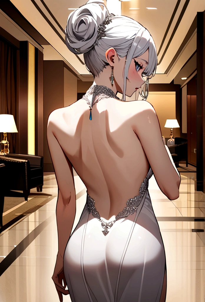 sexy white girl, half naked, Backless dress, Hotel