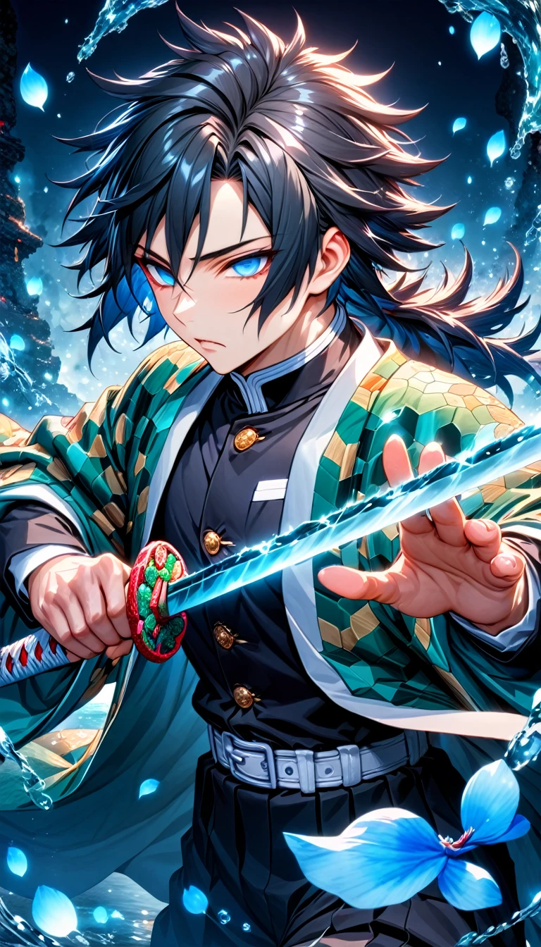Ultra detailed, highres, absurdres, HDR, master piece, Tomioka Giyuu, black hair, expressive blue eyes, hair between the eyes, haori with patters, black demon slayer uniform, Kimetsu No Yaiba, fantasy, blue petals, blue flowers, handsome, sexy man holding a sword, solo, magical, shining blue fireflies, best quality, extremely detailed face and eyes, water, holding a sword, man