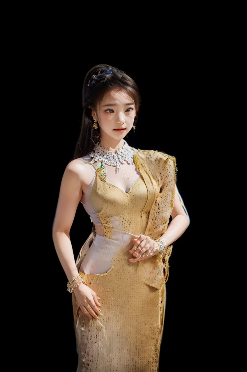 Myanmar outfit ,high quallity realistic photo,1girl, yellow teacher outfit, dark hair, white skin, light brown hair ornament, yellow lace clothes,bride suit,longyi,burmese girl,wedding dress, high heel shoe, long legs, transparent lace ,sexy post