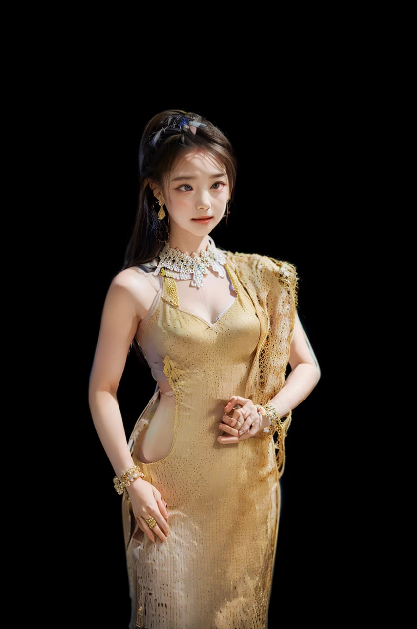 Myanmar outfit ,high quallity realistic photo,1girl, yellow teacher outfit, dark hair, white skin, light brown hair ornament, yellow lace clothes,bride suit,longyi,burmese girl,wedding dress, high heel shoe, long legs, transparent lace ,sexy post