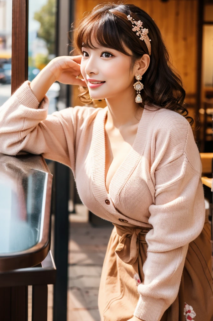 Family restaurant parking lot, full-time housewife, ((full body)), ((photo)), ((best qualtiy, 8K, tmasterpiece:1.3)), Focus:1.2, perfect figure beautiful girl:1.4, 1girl, cowboy shot, look at viewer, incredibly absurd, beautiful and cute girl with a photorealistic face, showcasing top-quality craftsmanship, Japanese woman eating at a family restaurant, 21 years old, medium-long brown hair, parted in the middle with curls at the ends, bangs cut above the eyes, naturally rounded hairline, large chocolate brown eyes, long eyelashes, pinky lips, slightly high nose, oval face, fine skin, plump cheeks, soft chin, gentle smile, glamorous, fair skin, large buttocks, beautiful D-cup breasts, beige dress, pink cardigan, floral scarf, earrings, hair accessory, pretty older woman, beautiful, glamorous, gentle, attentive, passionate, curious, loves to talk, September