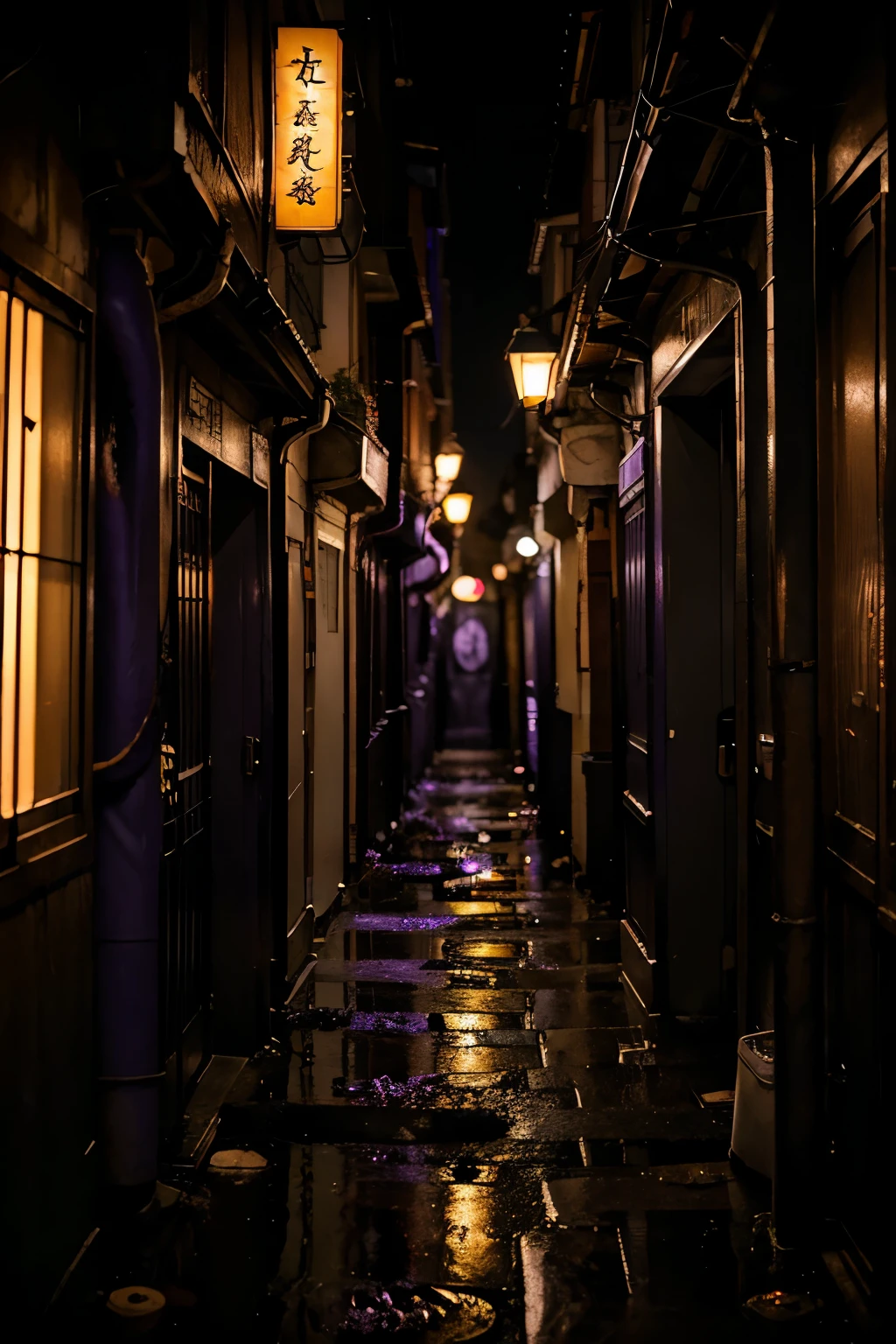 In an alley in Toyoko at night during a thunderstorm, monstrous dark purple tentacles reach out from doorways, from around corners, and from behind crates.