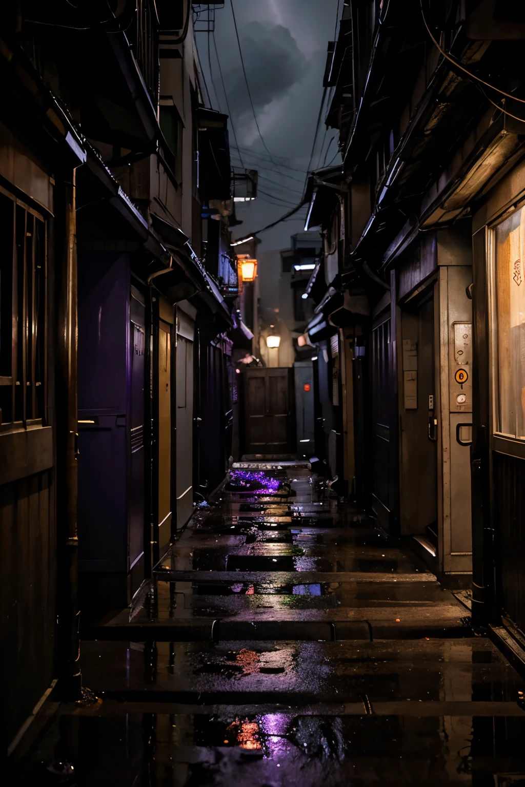 In an alley in Toyoko at night during a thunderstorm, monstrous dark purple tentacles reach out from doorways, from around corners, and from behind crates.