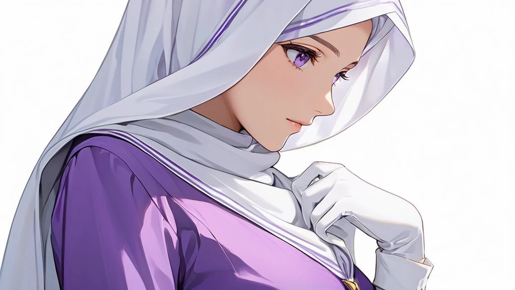 High-resolution anime digital art, Masterpiece, Female, Tomboy, Mature, Humble, Kind, Smart, purple eyes, wearing white hijab, Wearing long purple dress, Women's white fabric gloves, vivid colours, White backgrounds.