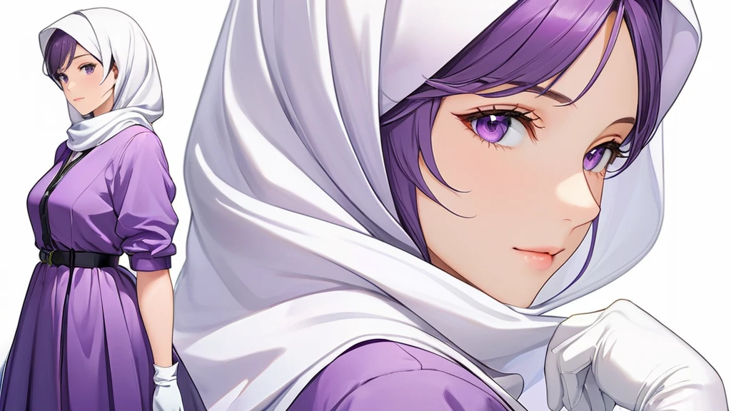 High-resolution anime digital art, Masterpiece, Female, Tomboy, Mature, Humble, Kind, Smart, purple eyes, wearing white hijab, Wearing long purple dress, Women's white fabric gloves, vivid colours, White backgrounds.