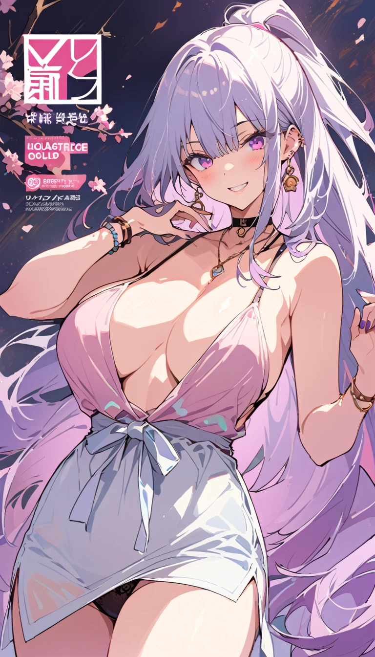 masterpiece, Highest quality, whole body, One girl, bangs, black choker, blush, bracelet, chest, choker, clothes The surrounding area waist, clavicle, Cowboy Shot, ear Earrings, Eyebrows visible through hair, Gradient Hair, Grin, fix, jewelry, Kogal, Long Hair, View Viewer, Earrings, Red eyes, ring, , smile, alone, street, null, cherry blossoms, petal,figure, (magazine:1.3), (cover-style:1.3), fashionable, woman, Vibrant, Pause, front, colorful, dynamic, background, element, have confidence, Performance, Holding, statement, accessories, Majestic, Coiled, The surrounding area, touch, scene, article, cover, bold, to attract attention, title, stylish, font, Catchy, Heading, big, impressive, Modern, trend, concentrated, fashion,((masterpiece)), Highest quality, Absurd, Super detailed, Holographic, Cowboy Shot, ダイナミックなPause, Golden Ratio, Very cute girl, Mature Girls, Very beautiful, Super beautiful asian girl with super beautiful purple eyes, Very beautiful white hair, Shiny skin, High Ponytail, nice and sexy body, Slim and delicate body, Perfect body, Cute Panties, Fox Headset, Get your picture taken in a cute alien spaceship,naked,Big Breasts,Sexy