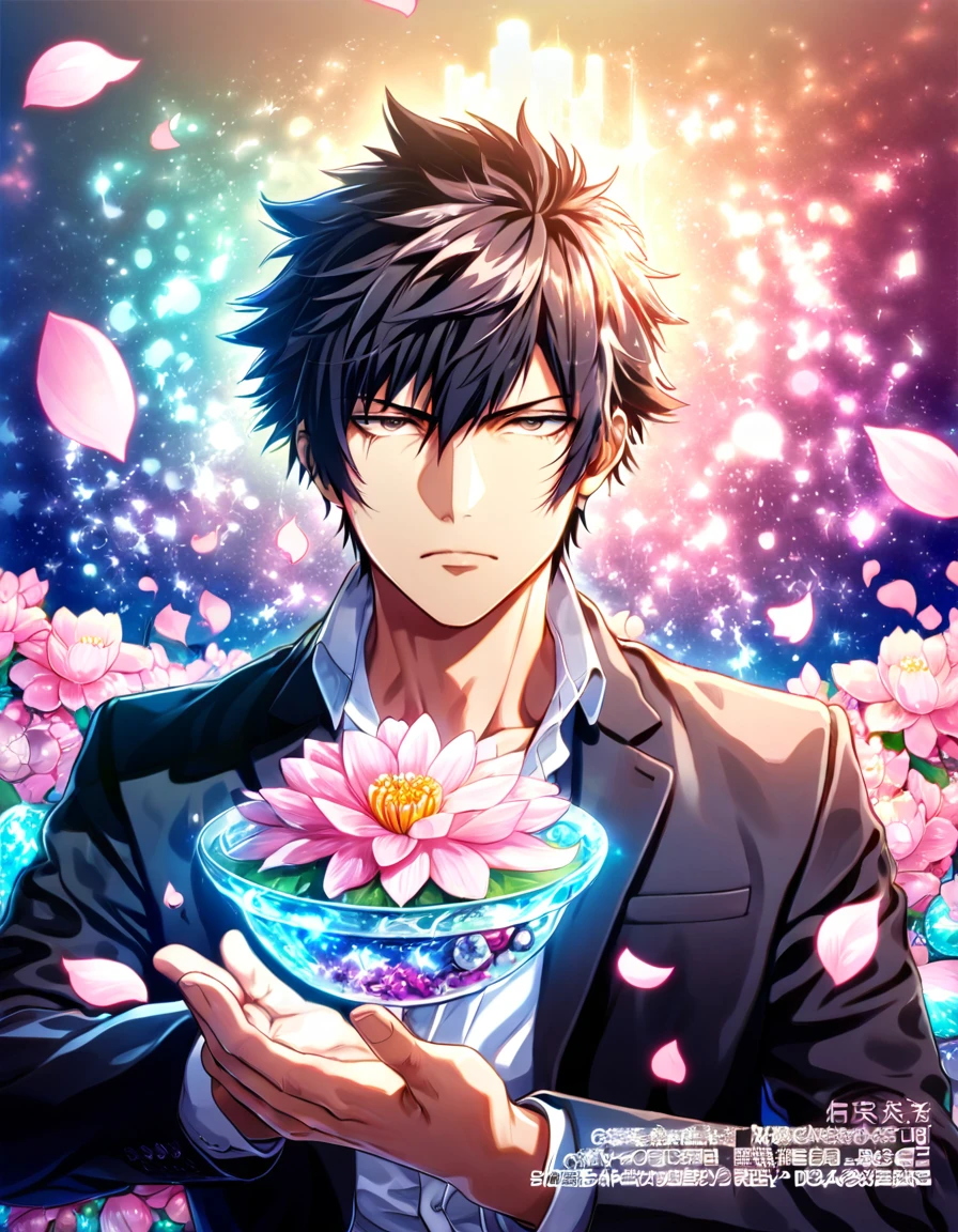 absurdres, highres, ultra detailed, HDR, master piece, best quality, Kougami Shinya, black hair, expressive gray eyes, psycho pass, solo, sexy man, handsome, black jacket, magical, fantasy, shining, pink flowers, pink blossoms, pink butterflies, pink petals, water