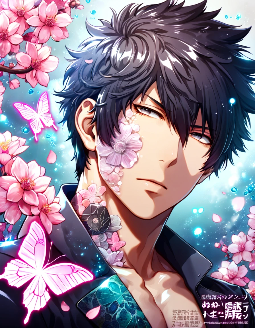 absurdres, highres, ultra detailed, HDR, master piece, best quality, Kougami Shinya, black hair, expressive gray eyes, psycho pass, solo, sexy man, handsome, black jacket, magical, fantasy, shining, pink flowers, pink blossoms, pink butterflies, pink petals, water