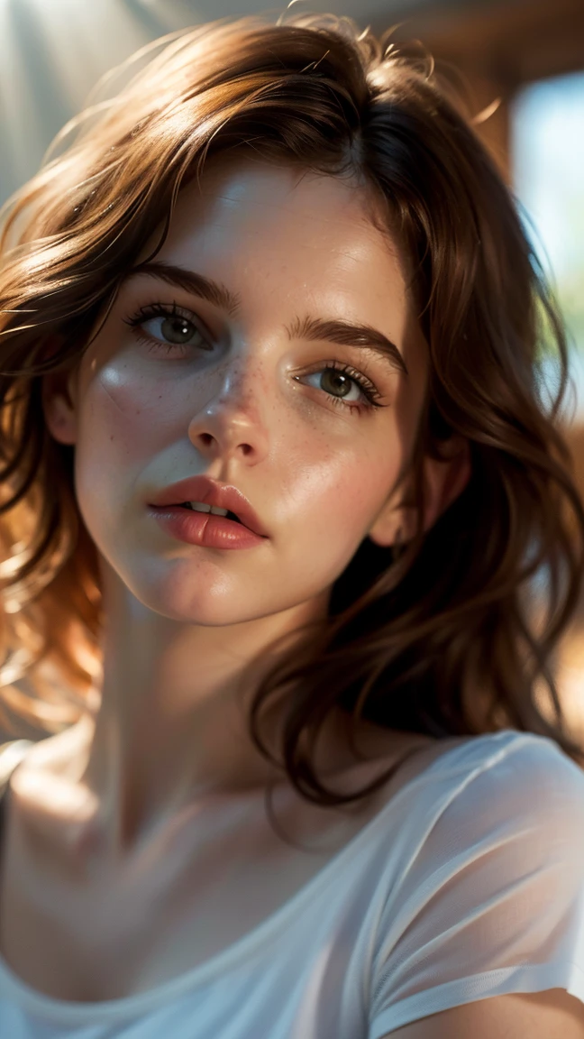 Emma Watson, (((ultra realistic))) Photo, masterpiece, top quality, (pale skin), (Ultra detailed face and eyes:1.3), 1 girl, Adult, in a T-shirt, (Eye makeup, mascara) , ((large detailed lips)), ((ash wavy hair)), ((Chyolka)) , (Natural breasts), Slim waist. ((Posing)), photoshoot, studio (soft lighting), (The play of light and shadows), depth of field, bokeh, (special attention to skin detail: 1.2), Detailed leather texture, skin pores. (Airy atmosphere of the frame. Color range - delicate, Bright, white, Pink tones), UDR, ((Film grain)), ((rays)), ((glare of the sun)), ((waist up portrait, close to the camera)) , ultra detialed,