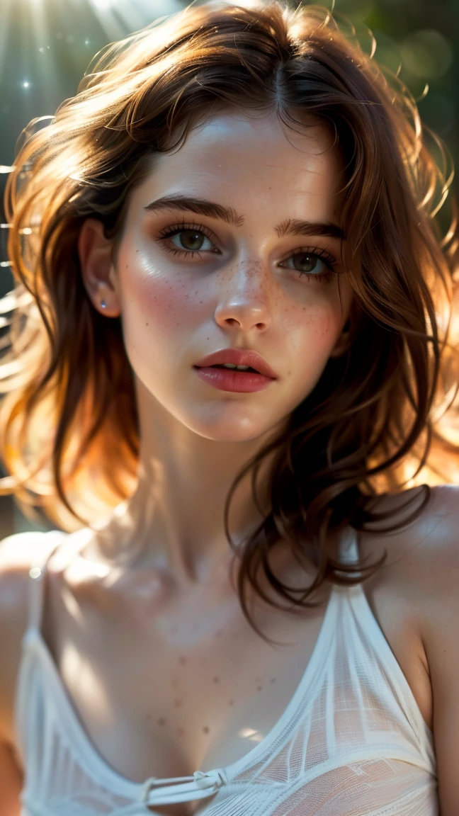 Emma Watson, (((ultra realistic))) Photo, masterpiece, top quality, (pale skin), (Ultra detailed face and eyes:1.3), 1 girl, Adult, in a T-shirt, (Eye makeup, mascara) , ((large detailed lips)), ((ash wavy hair)), ((Chyolka)) , (Natural breasts), Slim waist. ((Posing)), photoshoot, studio (soft lighting), (The play of light and shadows), depth of field, bokeh, (special attention to skin detail: 1.2), Detailed leather texture, skin pores. (Airy atmosphere of the frame. Color range - delicate, Bright, white, Pink tones), UDR, ((Film grain)), ((rays)), ((glare of the sun)), ((waist up portrait, close to the camera)) , ultra detialed,
