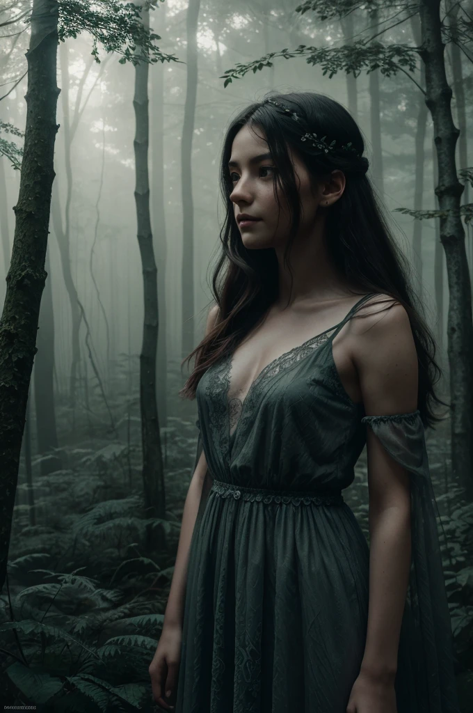 a girl in a foggy forest, (eerie, mysterious, enchanting, dark) landscape, (misty, ethereal) atmosphere, (soft, diffused) sunlight filtering through the trees, (mysterious figures, shadows) lurking in the background, (delicate, intricate) details of flowers and plants, (vivid, saturated) colors, (dreamlike, surreal) art style, (subtle, moody) color tones, (subtle, gentle) lighting, (best quality, highres, ultra-detailed) rendering.