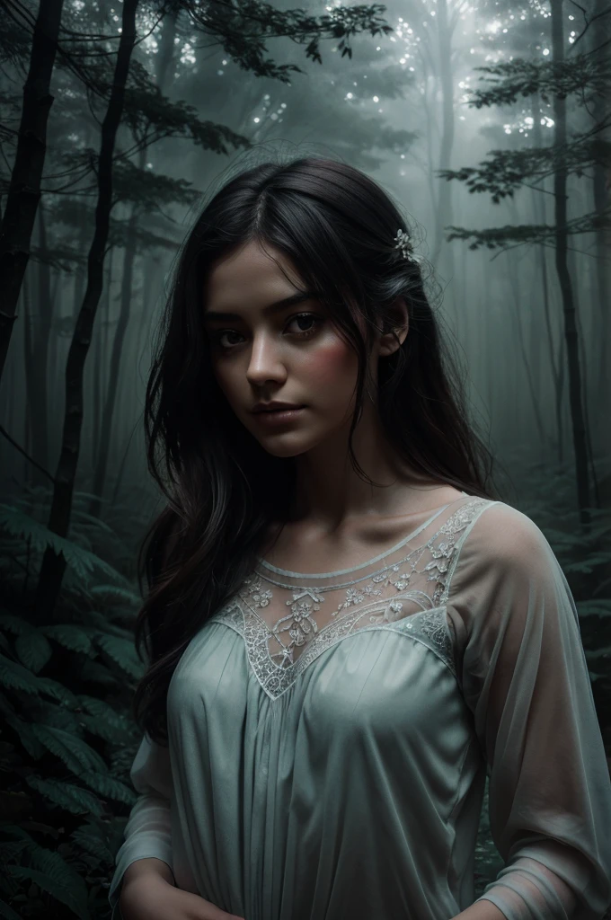 a girl in a foggy forest, (eerie, mysterious, enchanting, dark) landscape, (misty, ethereal) atmosphere, (soft, diffused) sunlight filtering through the trees, (mysterious figures, shadows) lurking in the background, (delicate, intricate) details of flowers and plants, (vivid, saturated) colors, (dreamlike, surreal) art style, (subtle, moody) color tones, (subtle, gentle) lighting, (best quality, highres, ultra-detailed) rendering.