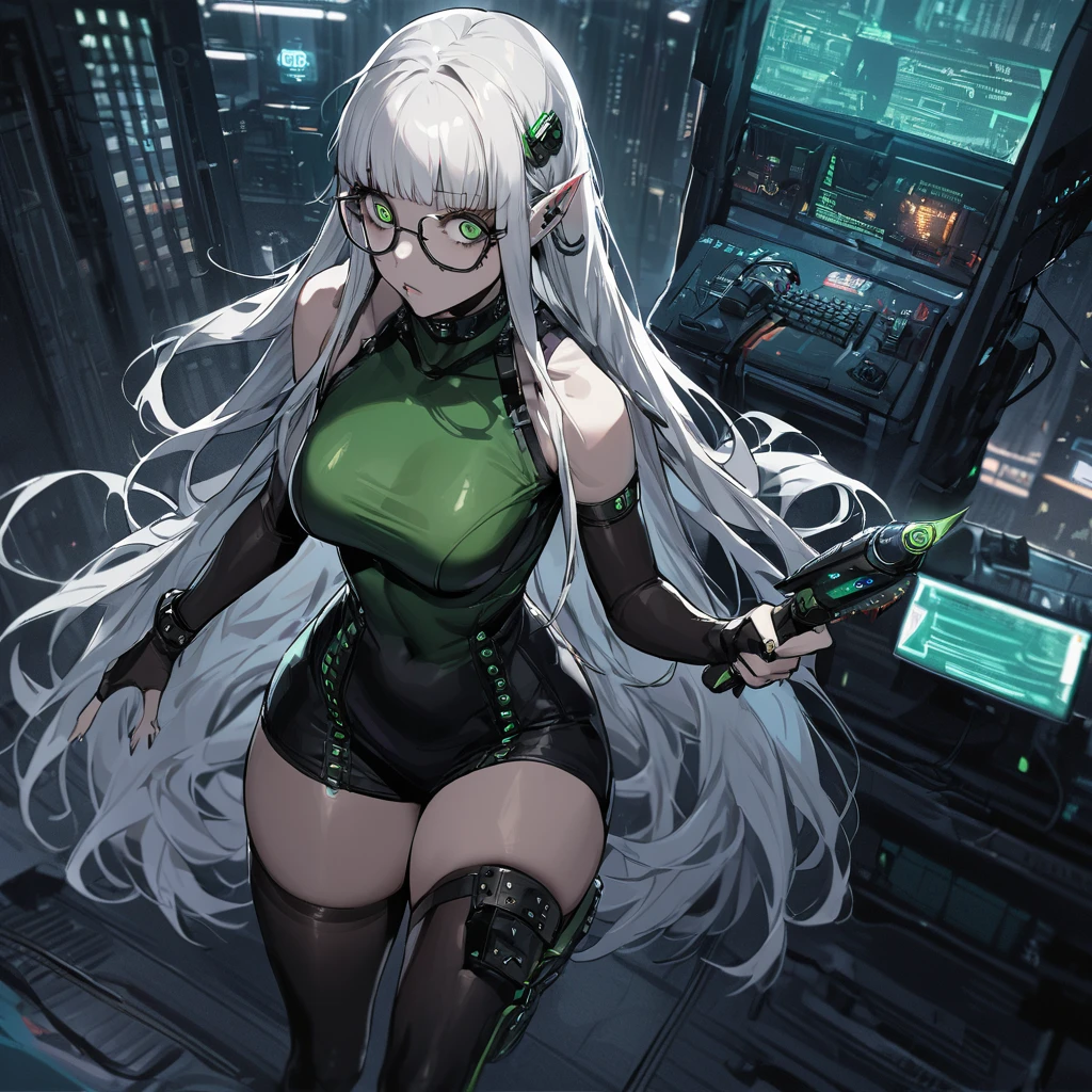 ((best quality)), ((masterpiece)), (detailed), city background, white hair, elf, blue, punk, tech, jelly fish hair cut, holding dagger, tired, shaggy long hair, glasses, messy, skin tight dress, looking up, computers, thigh highs, green eyes,, cyberpunk, crazy eyes