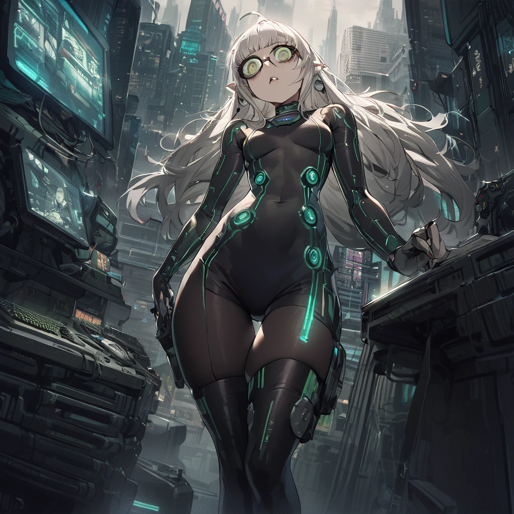 ((best quality)), ((masterpiece)), (detailed), city background, white hair, elf, blue, punk, tech, jelly fish hair cut, holding dagger, tired, shaggy long hair, glasses, messy, skin tight dress, looking up, computers, thigh highs, green eyes,, cyberpunk, crazy eyes