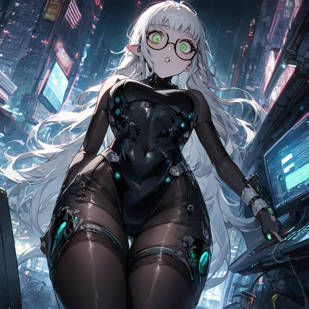 ((best quality)), ((masterpiece)), (detailed), city background, white hair, elf, blue, punk, tech, jelly fish hair cut, holding dagger, tired, shaggy long hair, glasses, messy, skin tight dress, looking up, computers, thigh highs, green eyes,, cyberpunk, crazy eyes
