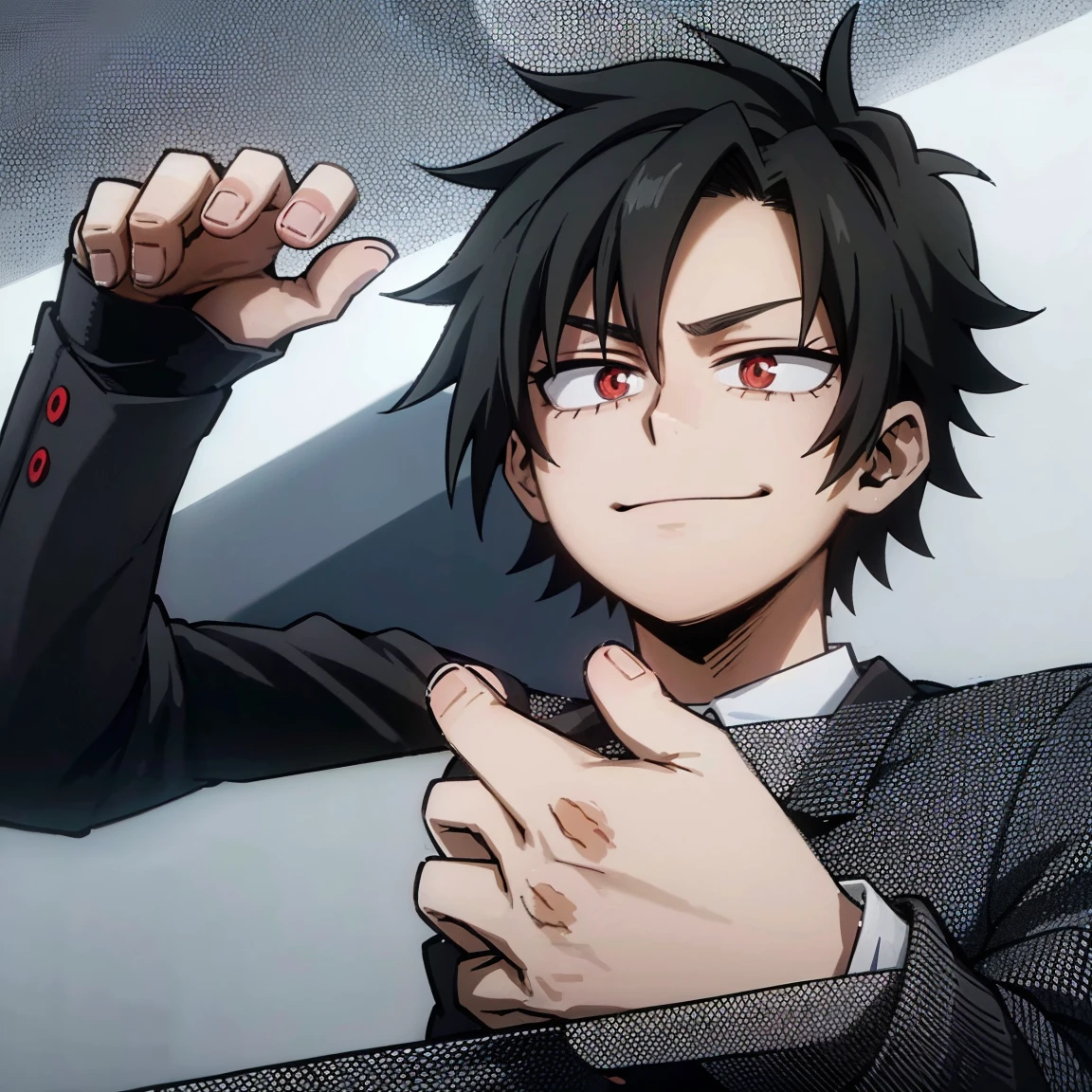 1boy, male focus, boku no hero academia, masterpiece, best quality, very aesthetic, absurdres, short spiky hair, black hair, red eyes, smirk, gray jacket, red tie, white shirt, teal pants, boots 