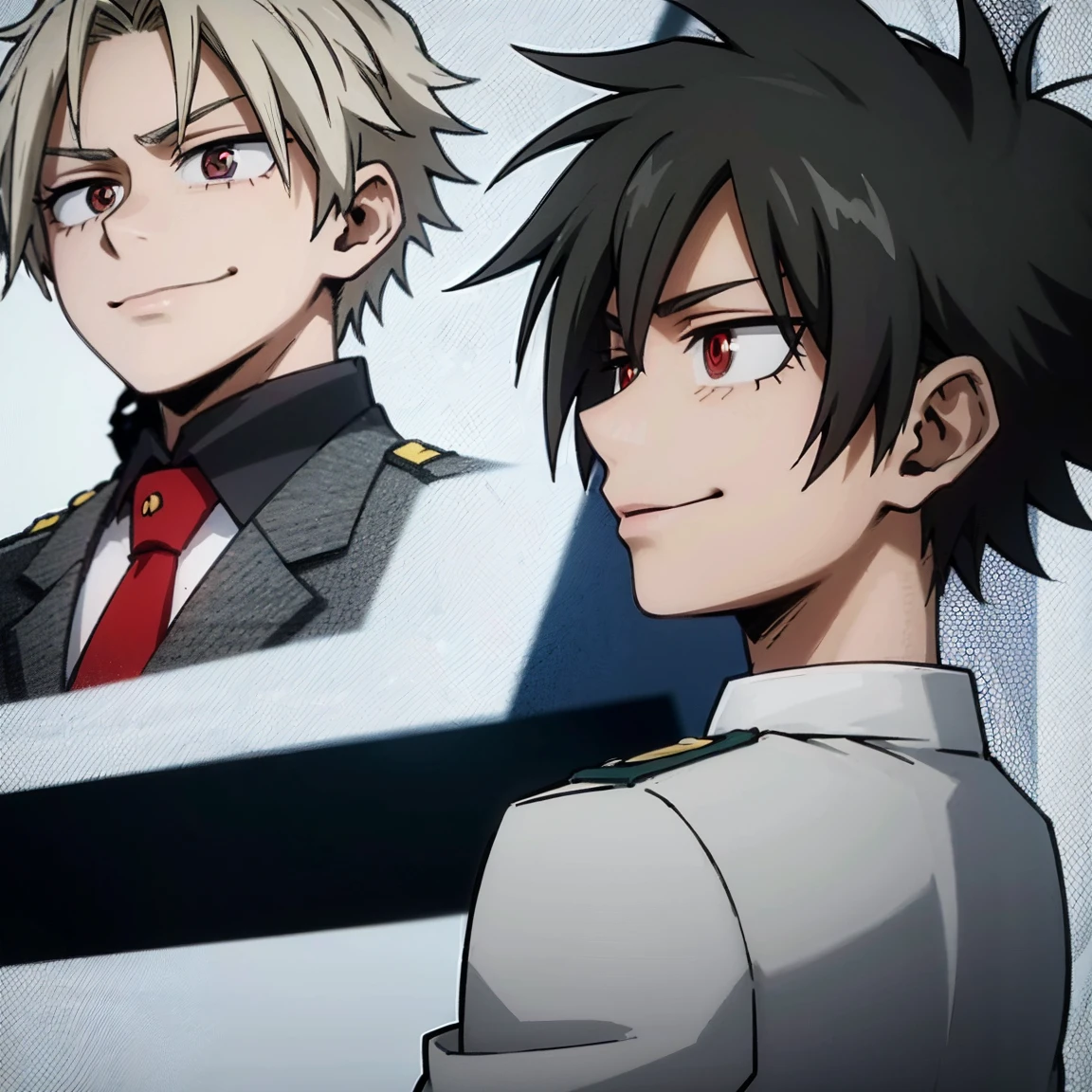 1boy, male focus, boku no hero academia, masterpiece, best quality, very aesthetic, absurdres, short spiky hair, black hair, red eyes, smirk, gray jacket, red tie, white shirt, teal pants, boots