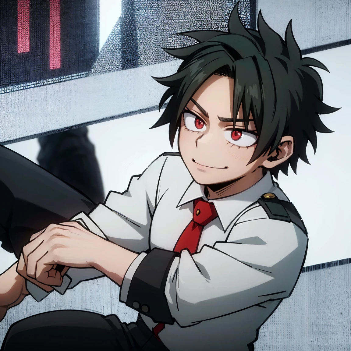 1boy, male focus, boku no hero academia, masterpiece, best quality, very aesthetic, absurdres, short spiky hair, black hair, red eyes, smirk, gray jacket, red tie, white shirt, teal pants, boots 